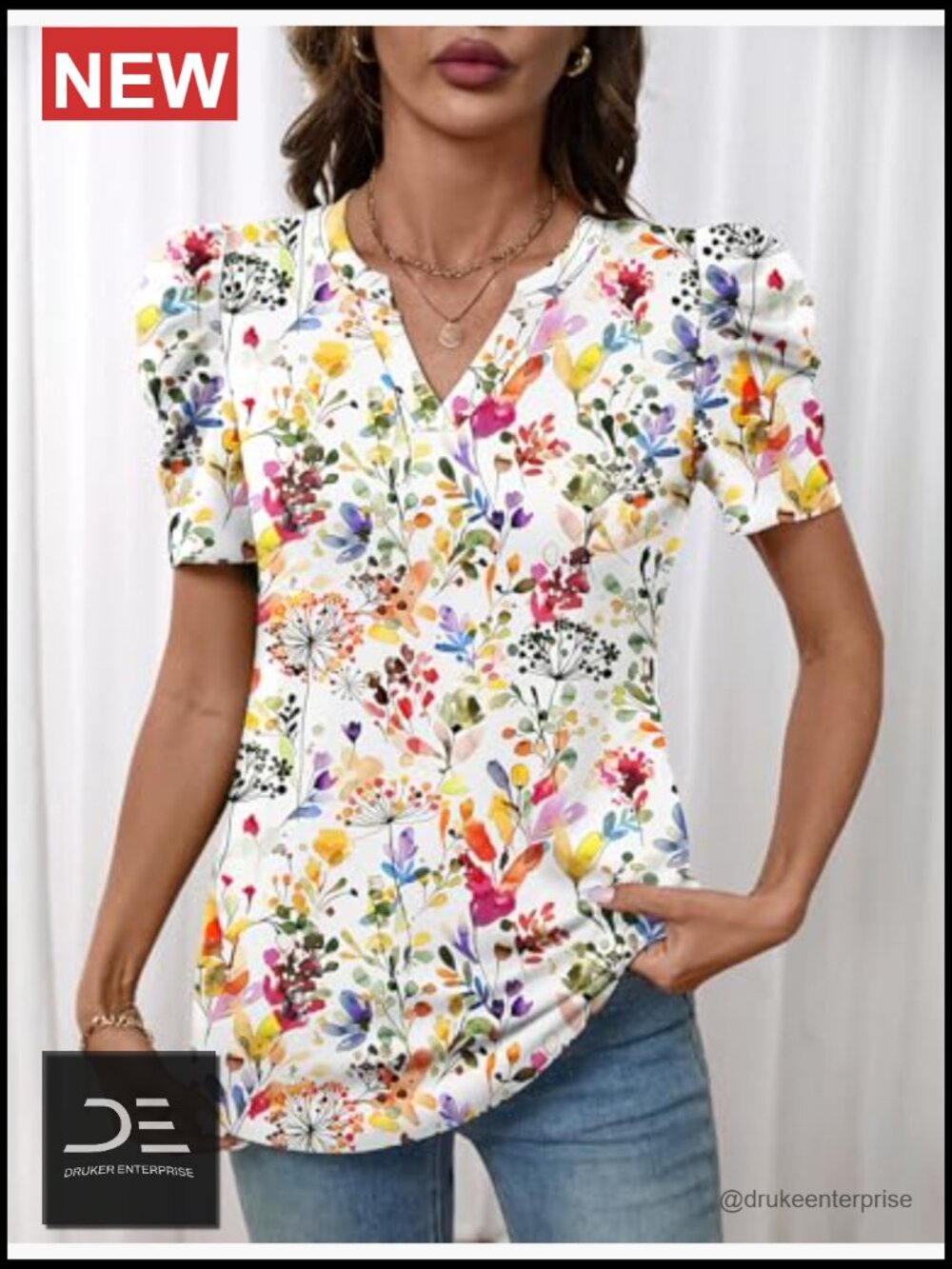 Puff Sleeve V-Neck Blouse Women Spring Summer Work Tops - Picture 5 of 7